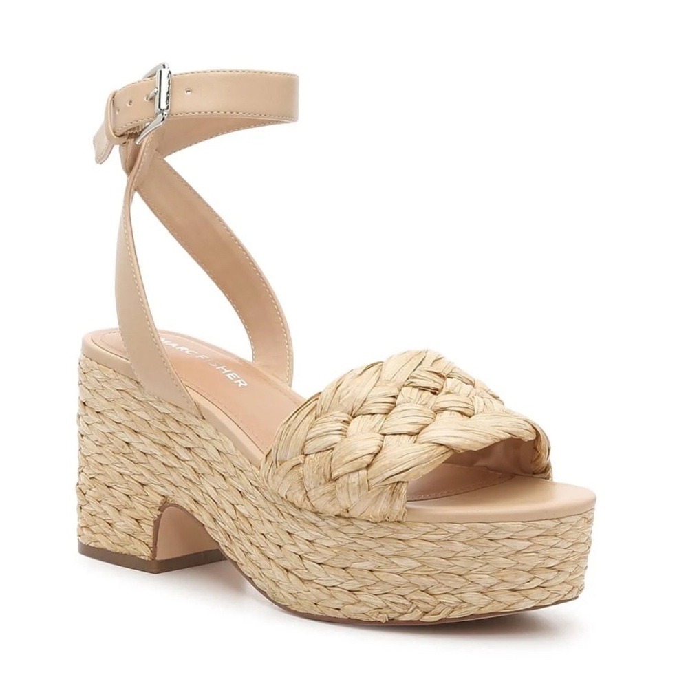 Marc Fisher $99 Steel Sandal BOHO Jute Raffia Block Heel Platform Size 10 NWT
